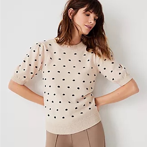 Ann Taylor Loft Puff Sleeve Polka Dot Short Sleeve Sweater Size Small - Picture 2 of 3